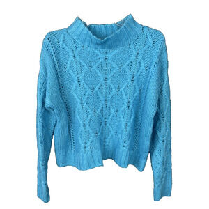 Hooked Up Loose Cable Knit Mock Neck Cropped Sweater Size Small Aqua
